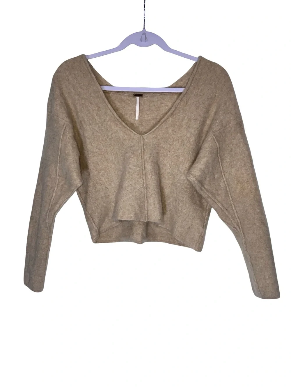 Free People Heather Oatmeal Soft Knit V-Neck Cropped Sweater Slouchy
